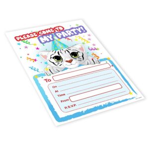 20x Childrens Kids Birthday Party Invitations Invites Pack Blank - Snow Tiger