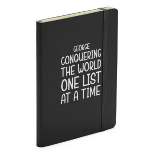 Personalised Conquering The World One List At A Time Funny Friend Black Soft Touch Notebook