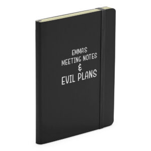 Personalised Meeting Notes & Evil Plans Funny Colleague Black Soft Touch Notebook