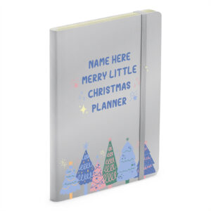 Name Here Merry Little Christmas Planner With Christmas Trees a long the bottom Silver soft touch notebook